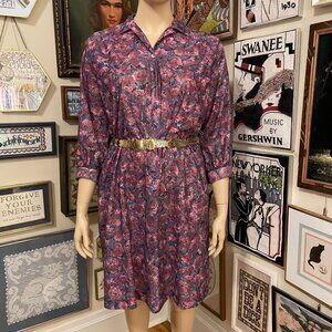 70s Vintage Plus Size 18 Zip Front Long Sleeve Floral Dress with Pockets